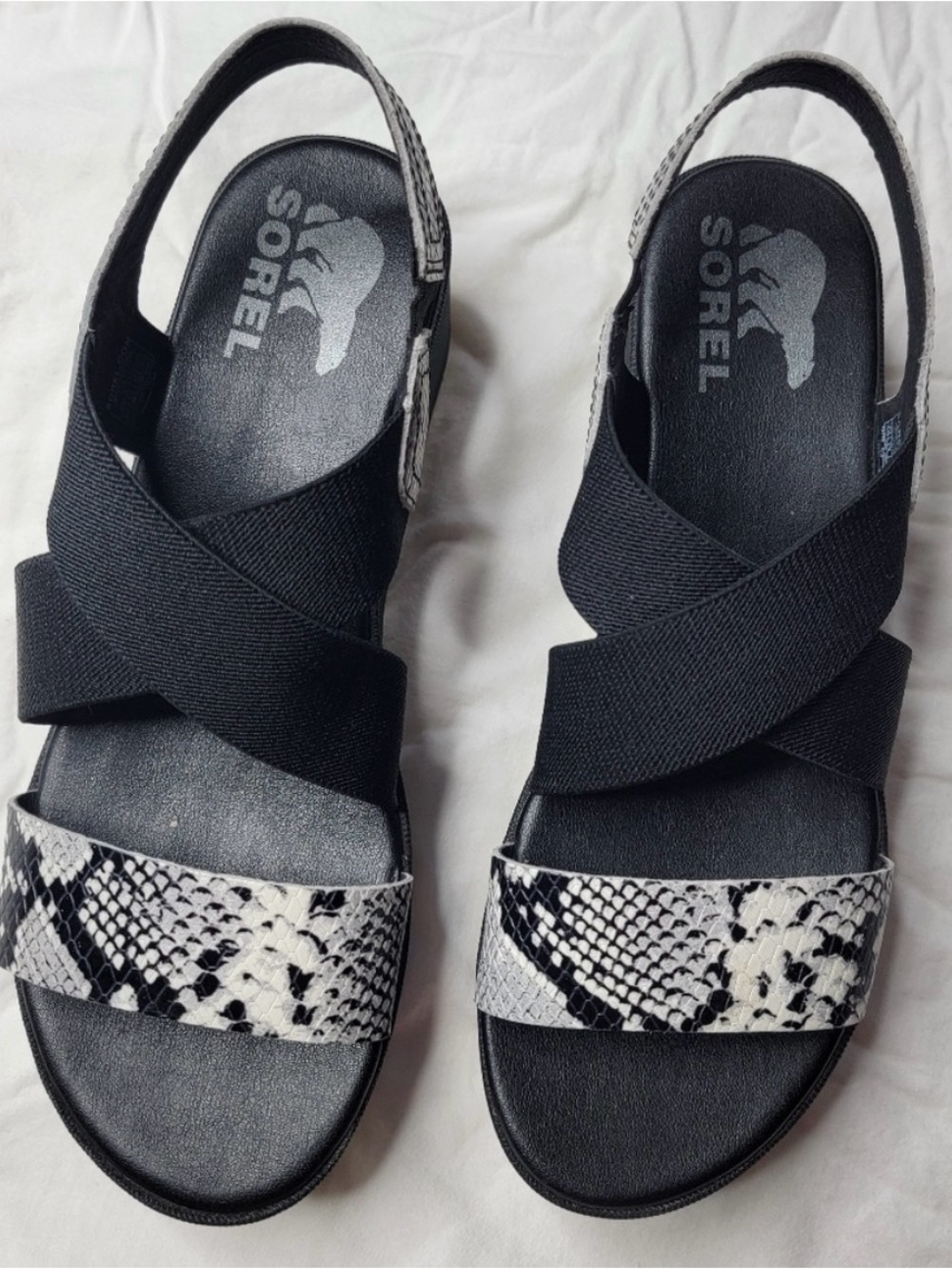 Sorel Black and White Snake-Print Slingback Sandals